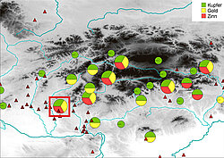 Fig.1 Distribution of polymetallic deposits in the Western Carpathians including the .Slovakian Erzgebirge. The triangles mark Early Bronze Age settlements. Framed red: deposit and settlement near Vráble (source: Rassmann after Schalk 1998).