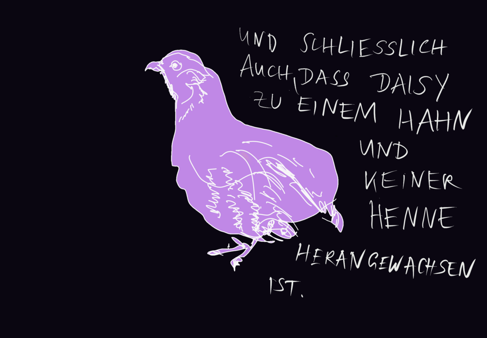 A purple partridge is drawn in the side profile on a black background. A handwritten text is written on the right-hand side.