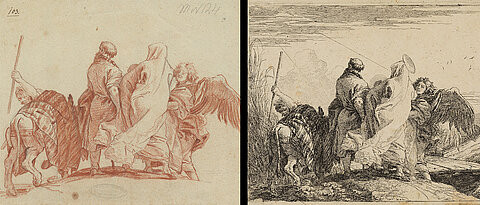 Kreative Kopie: Der rund 18-jährige Martin von Wagner übersetzte eine Radierung von Giandomenico Tiepolo (rechts) in eine Rötelzeichnung.