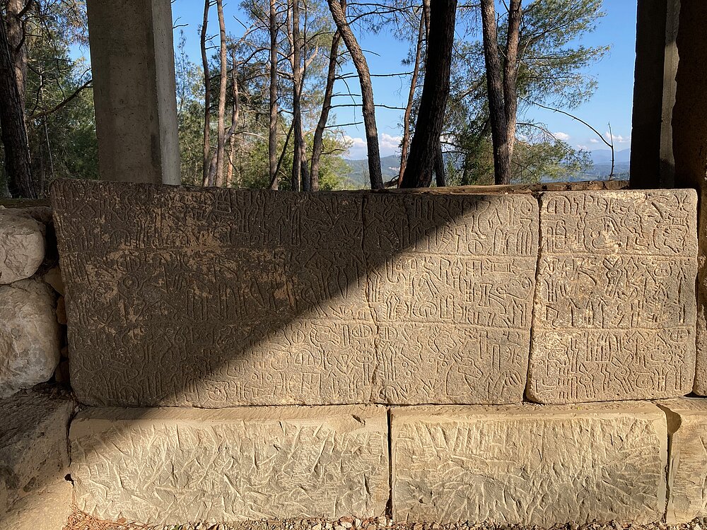 Eine in Stein gemeißelte hieroglyphen-luwische Inschrift mit einer sonnigen Waldlandschaft im Hintergrund.