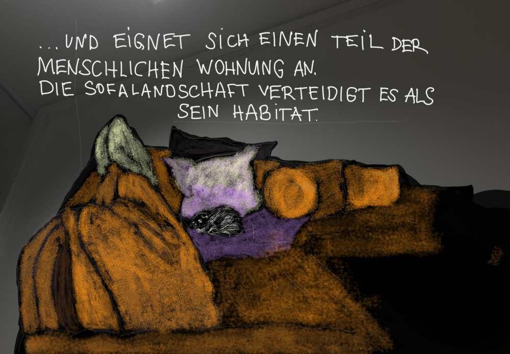 The drawing shows a dark orange corner sofa with lots of cushions. The background is grey with a handwritten text in white above the sofa. A partridge sits on the sofa in front of a white cushion. A purple-coloured glow emanates from it.