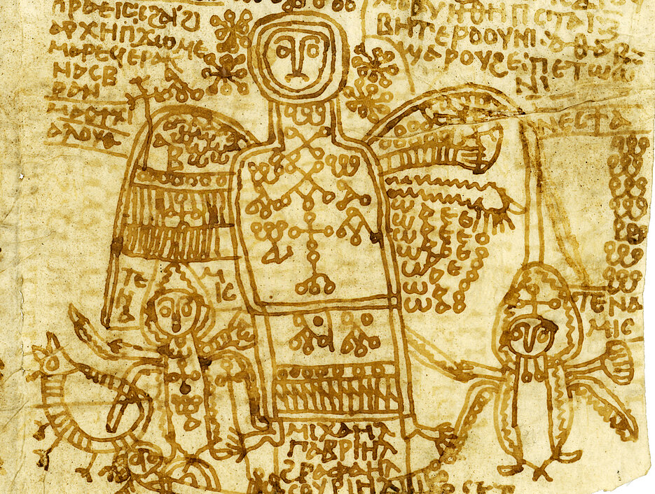 Dieser Ausschnitt aus einem Papyrus zeigt den Erzengel Michael, der von zwei Engelsmächten begleitet wird. Solche Bilder wurden für viele rituelle Zwecke eingesetzt, beispielsweise um Krankheiten zu heilen, böse Dämonen auszutreiben, vor Räubern zu schützen oder andere Menschen zu verfluchen. 