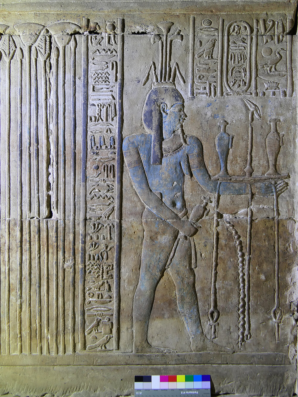 Restored scene in the soubassement of the barque sanctuary: personification of the Nile flood. 
