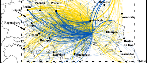 Figure describing the first destination of migrants after leaving from (yellow) and last destination before returning to Ukraine (blue).
